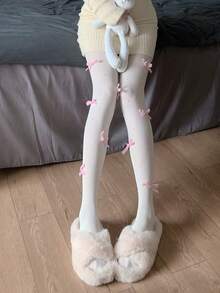 Autumn/Winter Velvet Bowknot Sheer Tights, Versatile Hosiery JK Style Cute Sweet Lolita Pearl Pantyhose Ballet Style Pure White Vertical Striped Leggings, Slimming - Multicolor - View 7