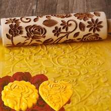 1 pieza de rodillo de madera de rosa de 13.pulgadas para herramientas de repostería de cocina, herramienta de sello de galletas con grabado profundo - Rosa 128 - Ver 1
