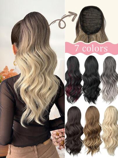 Pferdeschwanz-Verlängerung mit Zugband Clip-Stil Perücke, schwarz-braun-gold Farbverlauf, braun-grau Farbverlauf, 45,7 cm lange Wellen, hitzebeständige synthetische Faser, geeignet für Weihnachten, Halloween, Musikfestivals und den täglichen Gebrauch von Frauen