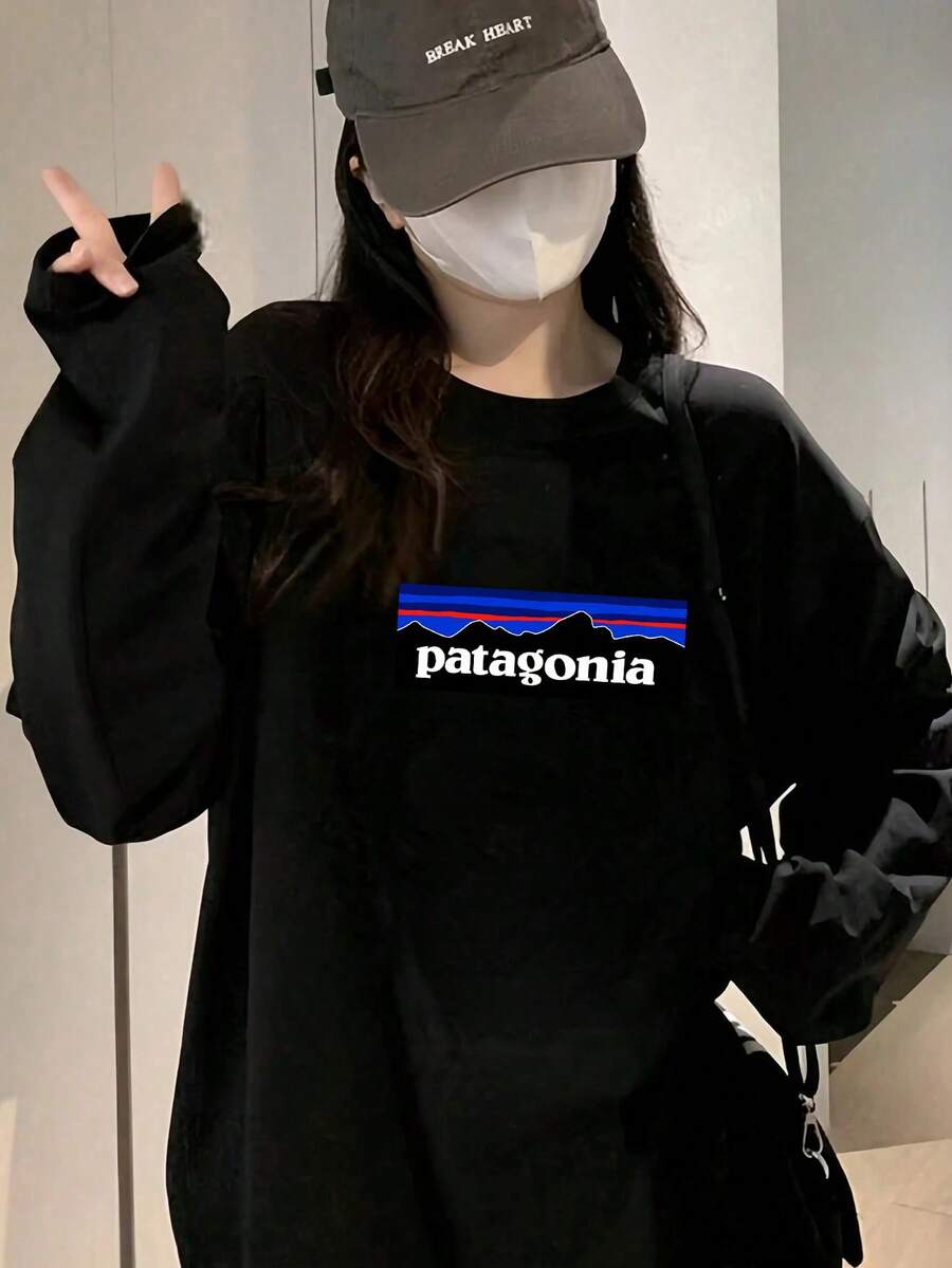 100% Cotton (100% Cotton) Newly Released Ladies Crew Neck Long Sleeve T-Shirt, Inset Sleeve Design Top. Casual, Comfortable And Cute Long Sleeve T-Shirt With Printed Pattern, Suitable For Autumn And Winter - Black - View 1