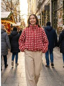 Women's Cropped Checkered Sherpa Jacket Fuzzy Fleece Zip Up Hooded Winter Lounge Coat - 紅色 - 查看 2