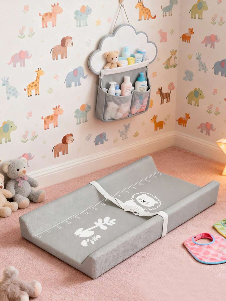 1 pieza Almohadilla cambiadora de pañales para bebé con estampado, Estación de cambio de piel de PU para bebés, Esterilla de masaje para bebés, Empaque comprimido