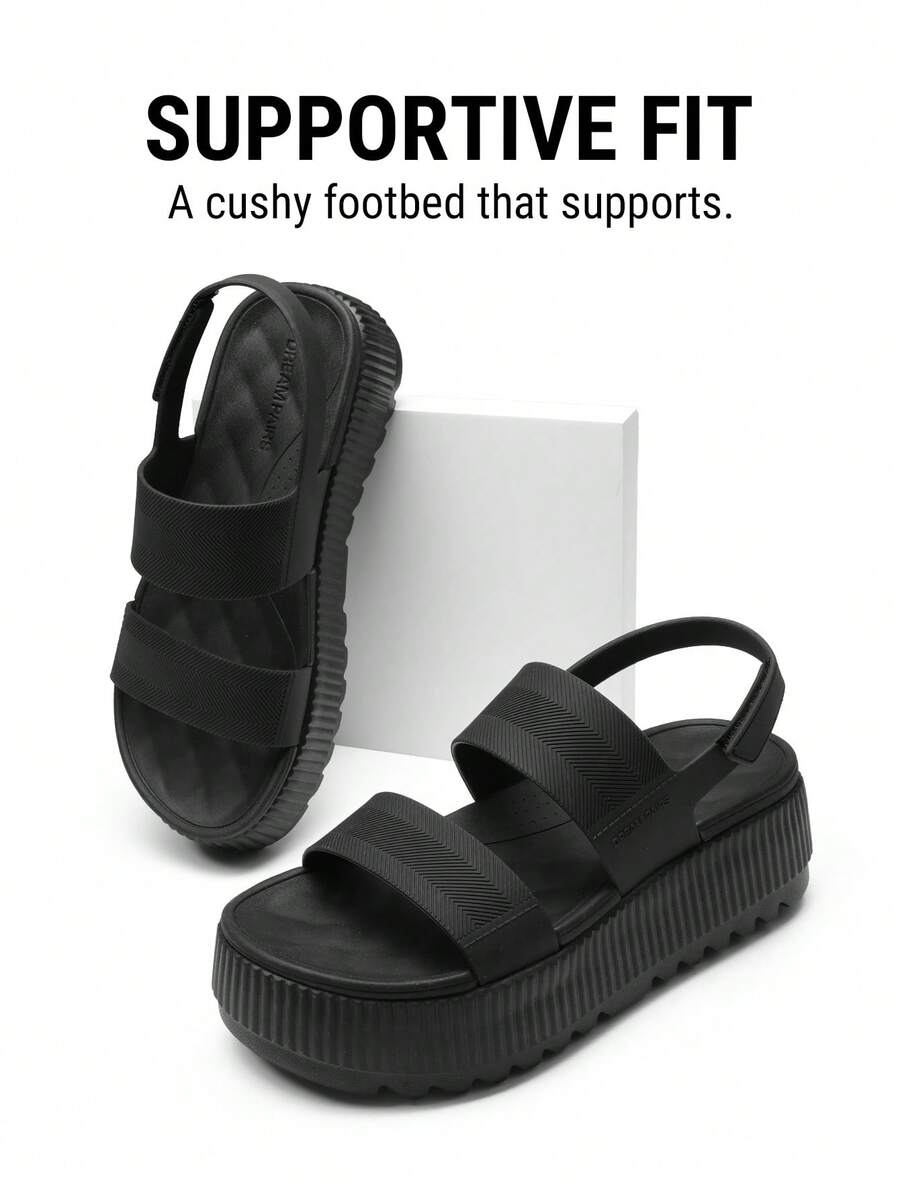 Women's Waterproof 1.69inch Platform Water Sandals Adjustable Casual Lightweight Wedge Chunky Sandals For Beach Vacation Summer All Black Shoes - 黑色 - 查看 1