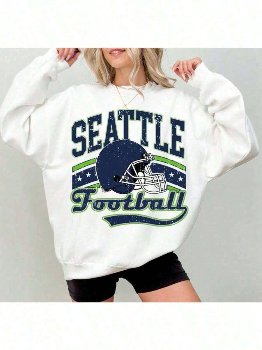 Women's Sweatshirt Women's Sweatshirt Women'S Vintage Seattle Jersey - Retro Spirit Pullover With Helmet Graphic & Lettering, Breathable All-Season Comfort, Casual Fan Apparel Game Day & Casual Attire, White With Green & Blue Colors, Round Neck Short Sleeve Design, Comfortable And Breathable Fabric, Vintage-Themed Print, Relaxed Fit Women'S Fashion, Autumn And Casual Outings, Seattle Fans, Seattle Seahawk, Fall Clothe Women, Women SweatshirtFashionable Women's ClothingWomen's Long-Sleeved Tops, Winter Women's Clothing, New Year's Women's Clothing, Hoodies, Valentine's Day Clothing, Fitness Wear, Women's, Sports Tops, Athletic TopsWomen's Long-Sleeved Tops, Winter Women's Clothing, New Year's Women's Clothing, Hoodies, Valentine's Day Clothing, Fitness Wear, Women's, Sports Tops, Athletic Topsprinted Sweatshirt - trắng - Xem 1