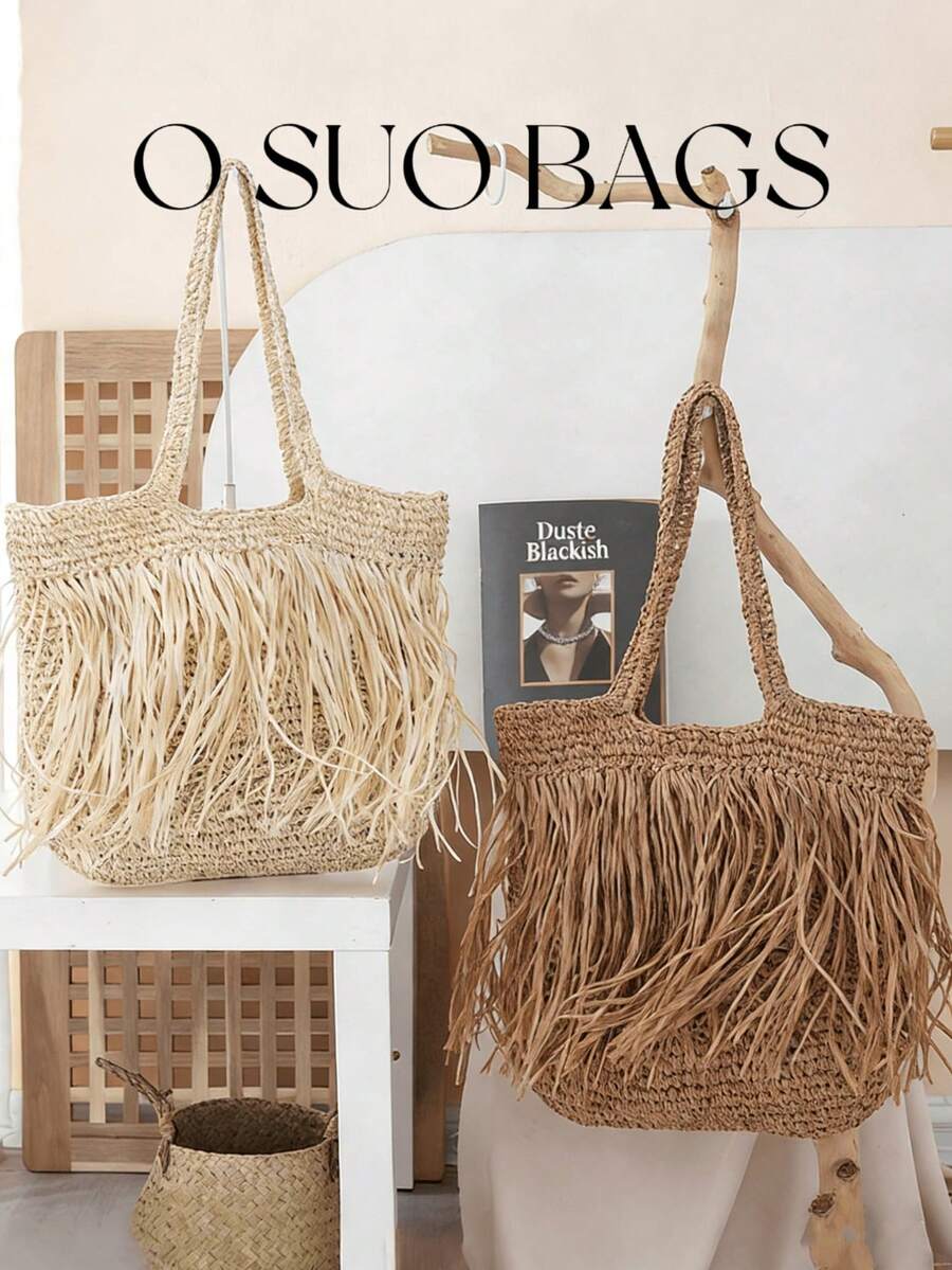 1pc Fashionable Casual Vacation Style Large Capacity Solid Color Hollow Paper Woven Tote Bag, With Big Tassel, Lightweight Foldable, Dual Handles, Women Paper Woven Beach Bag, Suitable For Vacation, Daily Commute, Shopping With Friends, Matches Well With Fashionable Outfits - Multicolor - View 1