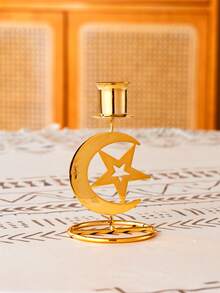 1Pc/Set Star And Moon-Themed Candle Holder. Made Of Bright Gold Metal Wire, It Is Crafted Into A Mesh Hollow Design. The Style Is Minimalist. Suitable For Decorating The Living Room Table Or Bedroom Vanity In A Light Luxury Retro Home, Creating An Atmosphere For Romantic Dinners Or Casual Tea Rooms; It Is Also Suitable For Holiday Decorations And Small Gatherings Featuring Star And Moon Cultural Symbols, Such As Eid. - Multicolor - View 13