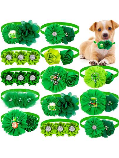 5PCS Green St. Patrick's Small And Medium-Sized Dog Specific Multi Headed Tie Collar Decoration, Suitable For Beauty Photography Decoration Tie Collar Flowers, Comfortable And Elegant Decorative Accessories, Random Styles