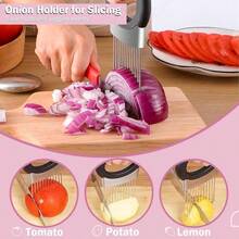 Onion Holder Lemon Slicer Cutter U2013 Stainless Steel Vegetable Fruit Slicing Assistant Easy,  Cutting Silver - Silver - View 3
