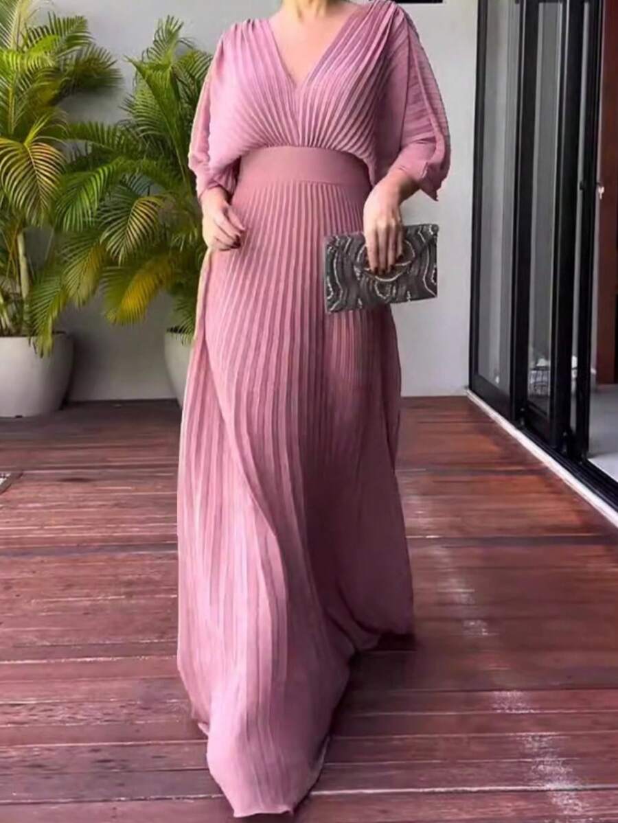 Dresses For Women,Women's Fashionable And Elegant Solid Color Pleated V-Neck Batwing Sleeve High Waist Full Skirt Long Dress - 粉紅色 - 查看 1