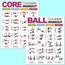 2张运动训练健身挑战海报，无框设计，8x10英寸，2D平面图形，纸质材质，包含挤压球、提臀、基础卷腹、交替手臂伸展、卷腹、手臂、大腿、臀部、腹肌塑形瘦身计划等动作，无框墙面装饰画，适用于客厅、卧室和瑜伽室装饰，每日瑜伽练习海报。