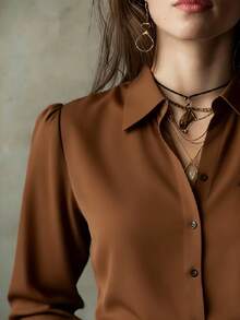Elegant Solid Color Women's Long Sleeve Shirt, Versatile Casual Blouse For All Seasons Spring - Coffee Brown - View 3