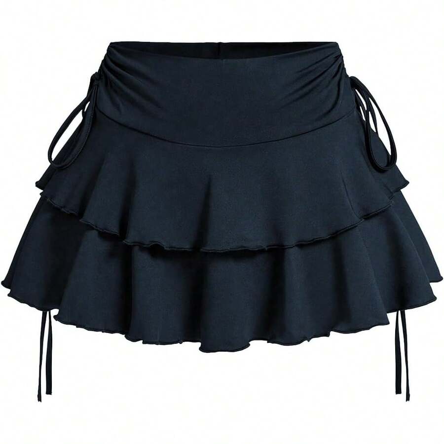 Women's Drawstring Bow Side Skirts Tiered Layer Ruffle Elastic Waist Y2K Coquette Short Skirts - Deep Blue - 查看 1