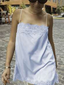 Women Y2k Lace Camisole Top Satin Square Neck Side Split Cami Silk Sleeveless Spaghetti Strap Loose Going Out Tank Backless Nightgown Sleepwear Sliky Short Wedding Nightgown,Party Streetwear,Rave Outfit,Club Outfits,Beach Vacation Outfits,Summer Going Out Tops,Spring Break Outfits,Country Concert Outfit - Màu xanh nhạt - Xem 3