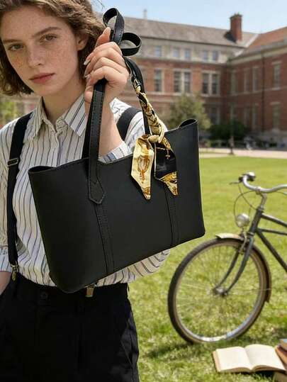 Bolso de tote grande extra para mujer en color negro, bolso de hombro de piel de PU de moda con decoración de pañuelo, gran capacidad, bolso casual adecuado para el trabajo, las compras y los viajes