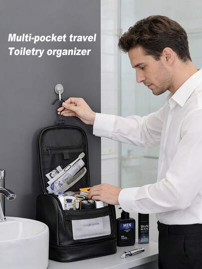 男女通用旅行洗漱包，皮革悬挂式洗漱收纳包，防水带独立隔层，适合健身、露营等旅行，也是男士的理想礼物。