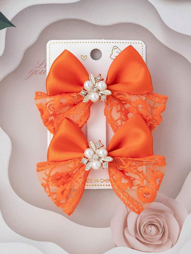 2个/套 青少年蝴蝶结发夹 - 橘色 - 查看 4