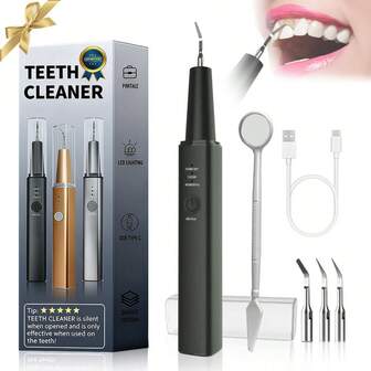 1pc Portable Square Dental Cleaner, Black Metal Teeth Cleaning Tool/Electric Flosser, Three-Speed Adjustable Dental Tool, Water Flosser, With Oral Mirror And 4 Replacement Tips, One-Touch Activation, Battery Capacity: 500 MAh, Targets Tartar And Plaque To Prevent Bad Breath, Oral Cleaning And Care Tool, Perfect As A Gift For Friends!