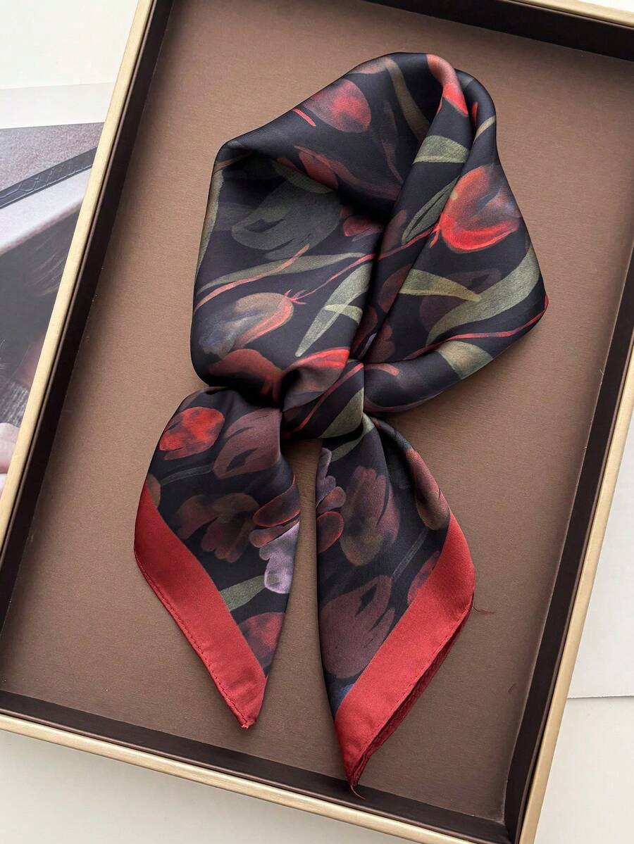 1件装方形围巾 女士缎面印花头巾 头带 时尚女士发巾 披肩 围巾 女士领巾 头巾