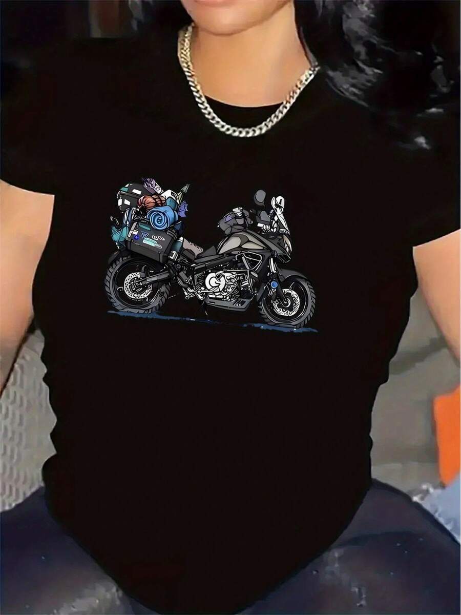 Motorcycle Pattern T-Shirt For Men And Women - Breathable Short Sleeve With Motorcycle Rider Pattern, Durable Round Neckline For Leisure And Restaurant Wear, Suitable For All Seasons Comfort For Motorcycle Enthusiasts, Motorcycle Clothing, Fashionable Black-White Design, Machine Washable, Suitable For Indoor And Outdoor Use, Unisex Style - Black - View 1