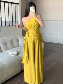 abyoxi 女士黄色露肩扭结荷叶边不对称下摆上衣和高腰阔腿裤两件套，休闲度假性感优雅，适合派对、约会、海滩、日常出行，春夏上衣和裤子套装 - 芥末黃 - 查看 1