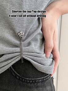 Camellia Flower Pattern T-Shirt With Adjustable Hem, Cuff, And Waist Cincher, Denim Hem Clips, Multi-Function Buttonless Clips For Pants, Sleeves, Skirts And Dresses