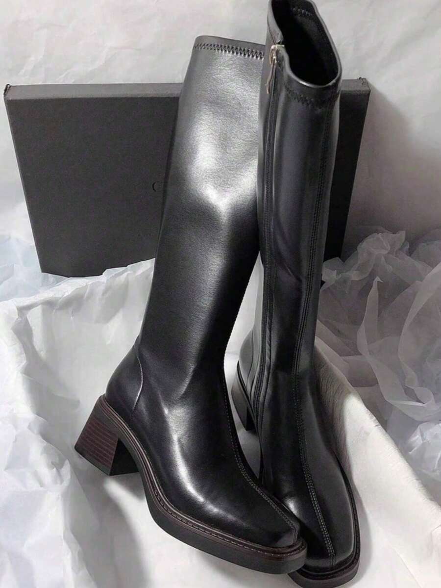 Fall/Winter New Mid-Heel Knee-High Boots, Leather Motorcycle Riding Boots, Versatile Design For Women. [Recommend Ordering One Size Up When Wearing Thick Socks] - 黑色 - 查看 1