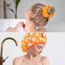 2 Packs Large Shower Caps For Women, Waterproof Shower Cap Double Layers Bath Caps With Hair Scrunchies For Long Thick Hair - màu tím, màu cam - Xem 3
