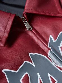 Men's Faux Leather Logo Print Zip-Up Jacket, Streetwear Motorcycle Style Outerwear - Red - View 4