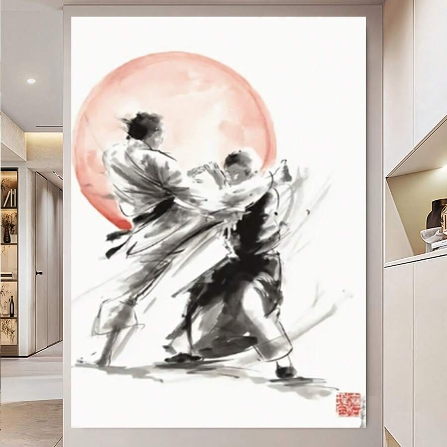 Framed 2D Flat, 1pc Framed Martial Arts Ink Canvas Poster - Martial Arts Scene With Red Circle Background, Ready-To-Hang Framed Wall Decor For Living Room, Office, Dojo, Birthday, Halloween, Housewarming - Modern/Classic/Contemporary Asian-Inspired Home Decoration Gift, Office Artwork, Traditional Japanese Art, Readytohang Artwork, 2D Flat Canvas S-FramedMartial - Arts Ink Art, Posters And Prints, Living Room, Bar, Cafe, Birthday Gifts, Home Decor, Holiday - 框架 - 查看 1
