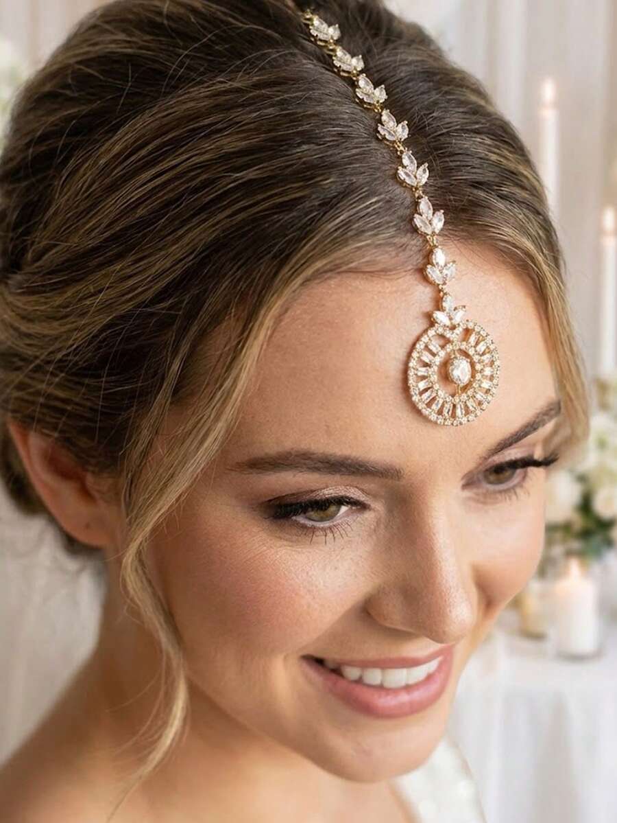1pc Gold Plated CZ Maang Tikka Headpiece, Sparkling Leaf Vine Head Chain With Circular Sunburst Pendant, Crystal Forehead Head Jewelry For Wedding Bridal Party Festival Accessories - Multicolor - View 1