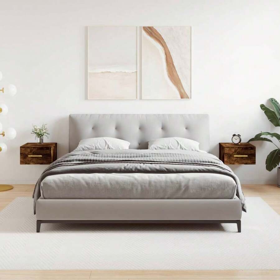 vidaXL Tables de chevet murales 2 pcs chêne fumé 35x35x20 cm - Tabac - Voir 1