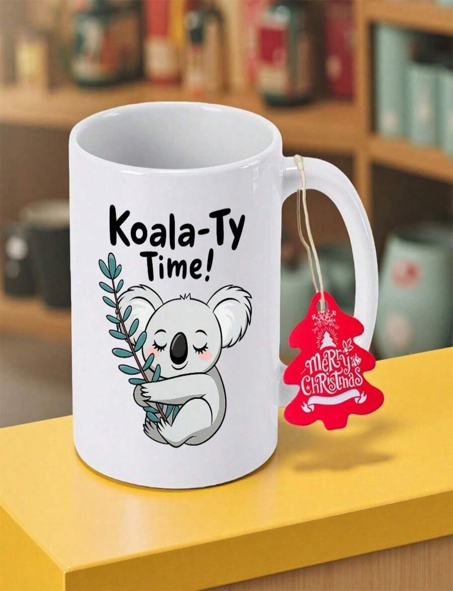 Ceramic Coffee Mug With Koala Design And Green Leaf Base - 11oz 350ml Durable Reusable Mug, Koala Time Gift - White - View 1