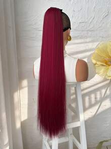 32英寸合成夹式马尾假发，长直马尾假发，耐热，女士适用 - 酒紅色 - 查看 4