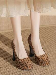 Sapatos plataforma com estampa animal em cores sólidas, impermeáveis, ideais para balada, festa e todas as estações. - Estampa de leopardo 11cm - Ver 4