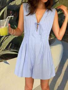 Women's New Style Blue V-Neck Tie Shoulder Pleated Detailing With Zipper, Fashionable Elegant Casual French Tea-Length A-Line Loose Jumpsuit, Spring And Summer - Blue - View 2