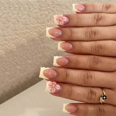 24 Stücke kurze quadratische Fake Nägel, gelb-rosa Blumen Nagelkunst, süßes Chrom-Legierungs-Acryl-Gel-Nagel-Set (enthält: 1 Stück Gelee-Gel und Nagelfeile), geeignet für den täglichen Gebrauch, Dates, Partys von Frauen