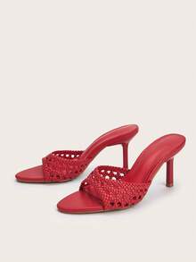 西式婚礼宴会简约高端尖头手工编织镂空踝带粗跟凉鞋，夏季穿搭 - 紅色 - 查看 2