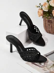 Western Wedding Party Banquet Minimalist High-End Pointed Toe Handwoven Hollow Out Ankle Strap Chunky Heel Sandals,Summer Outfits - Black - View 1