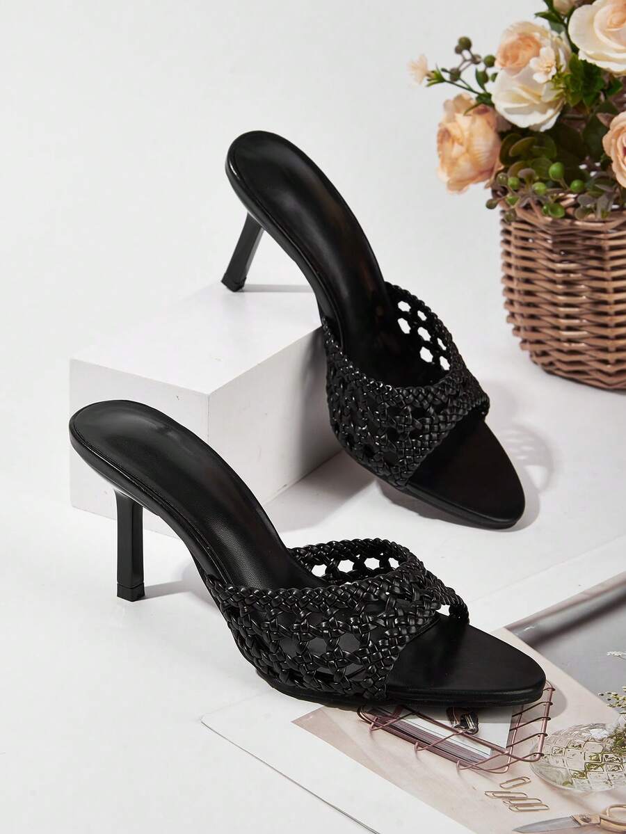 Western Wedding Party Banquet Minimalist High-End Pointed Toe Handwoven Hollow Out Ankle Strap Chunky Heel Sandals,Summer Outfits - Black - View 1