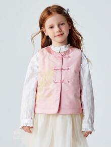 mini bala 女童加厚背心，甜美中国风刺绣，柔软保暖外套，2026春季系列 - 白紅色 - 查看 1