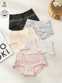 5条装女士费尔岛风格雪花/爱心/格子/鹿图案针织舒适全包臀不勒痕内裤 - 彩色 - 查看 1
