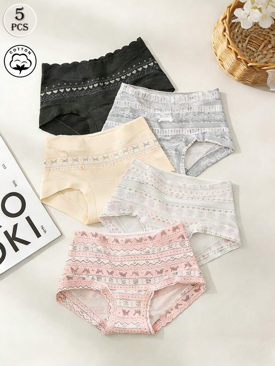 5条装女士费尔岛风格雪花/爱心/格子/鹿图案针织舒适全包臀不勒痕内裤 - 彩色 - 查看 1