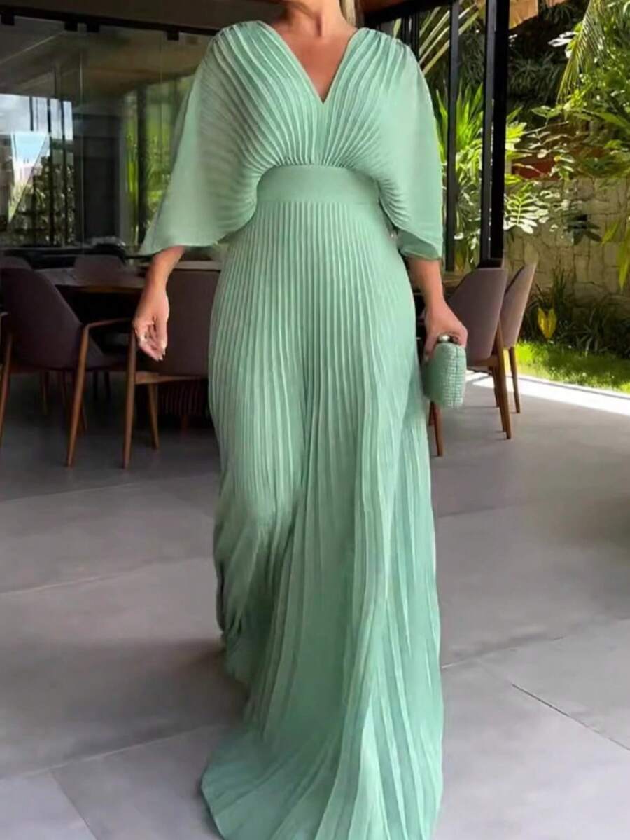 Dresses For Women,Women's Fashionable And Elegant Solid Color Pleated V-Neck Batwing Sleeve High Waist Full Skirt Long Dress - 淺綠色 - 查看 1
