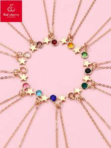 1件锌合金五角星镶嵌12色水钻可爱金色吊坠项链，适合青少年日常休闲佩戴 - 均碼 - 查看 2