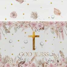 FVABO Boho God Bless Baptism Drations Tablecloth, 3pcs Disposable Pampas Gr First Communion Drations Party Supplies Tablver, 86in X 55in - 杏色 - 查看 4