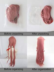 时尚女士超长直发粉色合成假发，带刘海、低马尾和两个红色蝴蝶结，采用耐热高温纤维制成，无需胶水，外观自然，适合节日派对、角色扮演、圣诞聚会、动漫服装等场合。舒适耐用，新手友好，是节日配饰的理想之选，尤其适合动漫展卡通人物造型，也是送给她的生日礼物。 - 彩色 - 查看 8