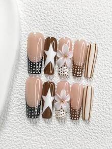 10pcs/Set Romantic Autumn/Winter Nail Art Kit, Hand-Painted French Manicure Stickers, Medium-Long Almond Nail Stickers, Square Nails, Duck Billed Nails, 3D Floral False Nails, Polka Dot Nail Decorations, Black/White/Brown Nails, Includes Tool Kit (1 Jelly Sticker + 1 Nail File), Suitable For Women & Girls, Daily Photo, Party, Autumn/Winter Nail Supplies Handmade Press On Nails - 彩色 - 查看 19