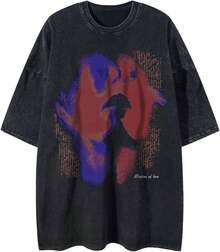 Laixton Men's Pattern T-Shirt Unisex Cotton Oversized T-Shirt Short Sleeve Retro Streetwear Casual T-Shirt Top Comfortable Washed Cotton T-Shirt - 街頭洗黑 - 查看 1