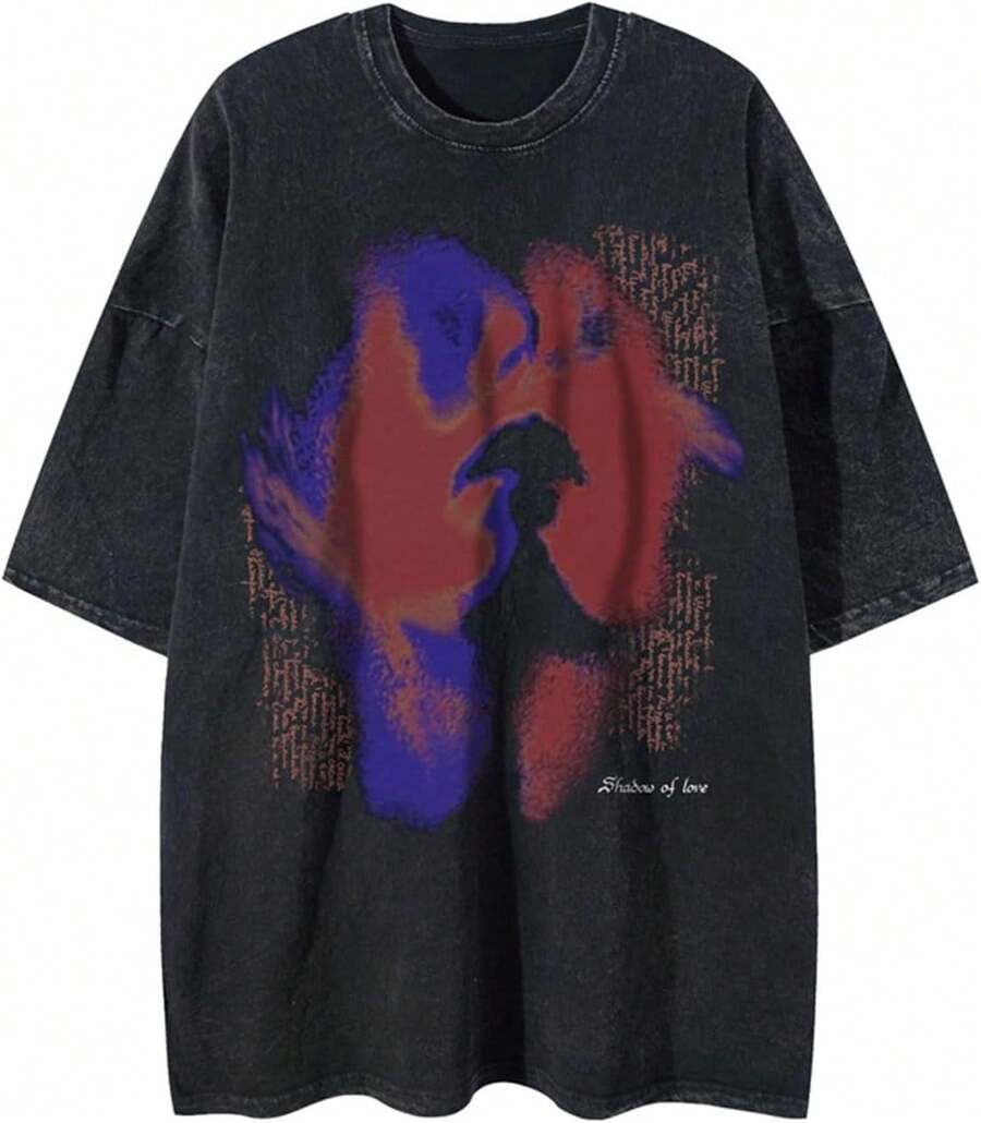 Laixton Men's Pattern T-Shirt Unisex Cotton Oversized T-Shirt Short Sleeve Retro Streetwear Casual T-Shirt Top Comfortable Washed Cotton T-Shirt - 街頭洗黑 - 查看 1