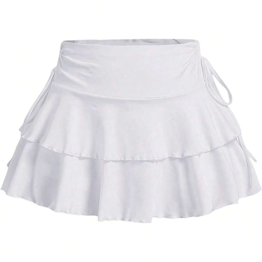 Women's Drawstring Bow Side Skirts Tiered Layer Ruffle Elastic Waist Y2K Coquette Short Skirts - 白色 - 查看 1